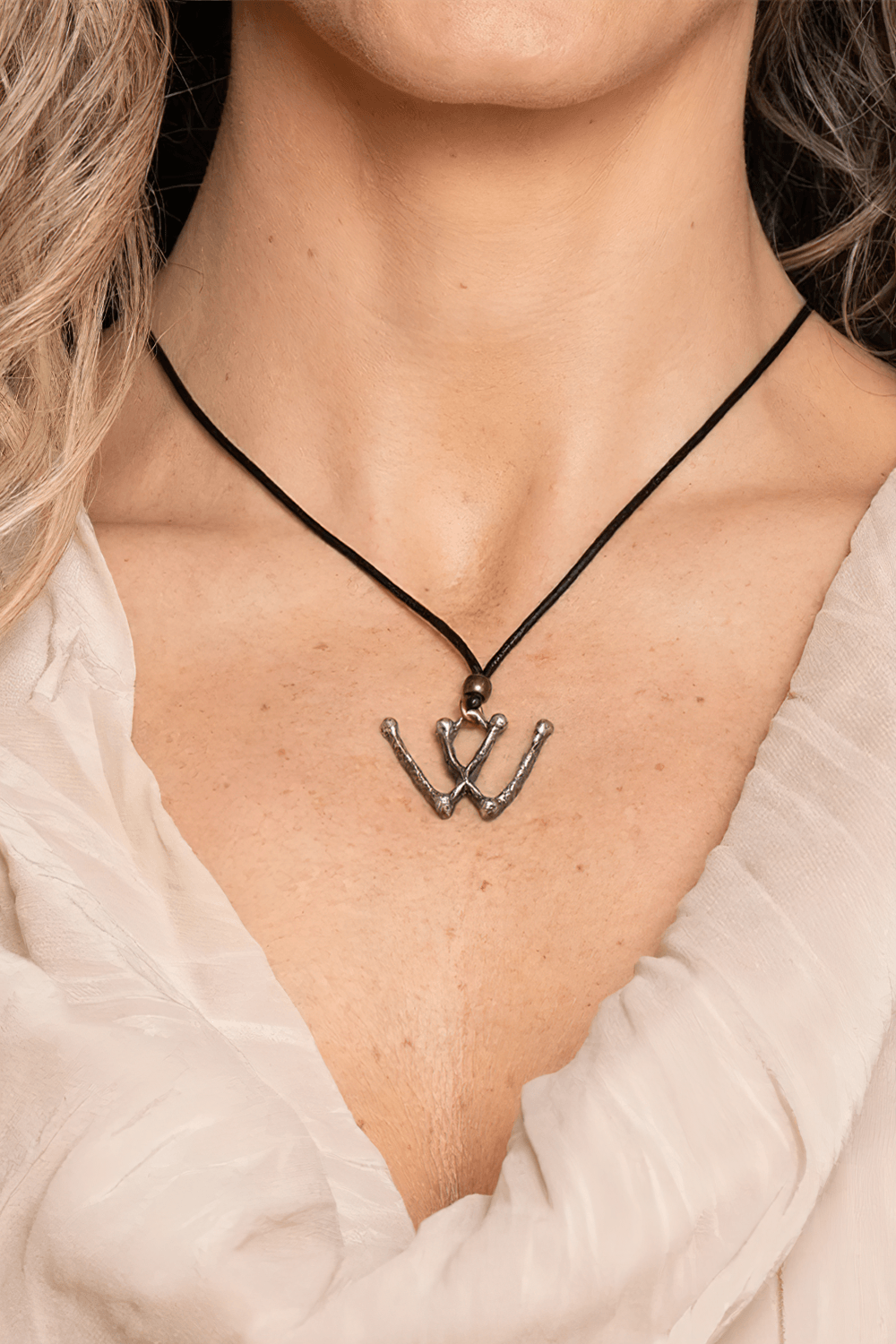 Marian Mark Pewter Amulet Gothic Protection Necklace worn on a woman's neck, showcasing its unique design.