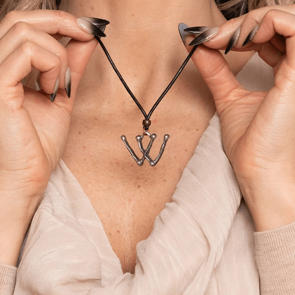 Marian Mark Pewter Amulet Gothic Protection Necklace worn by a model showcasing the intricate design.