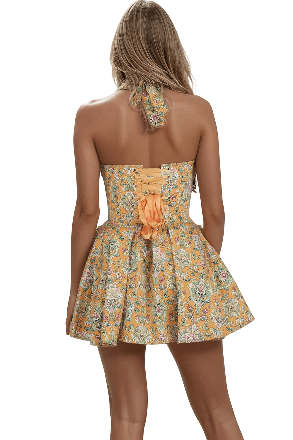 Back view of Marigold Floral Baroque Halter Corset Mini Dress featuring adjustable lacing and playful flared skirt.