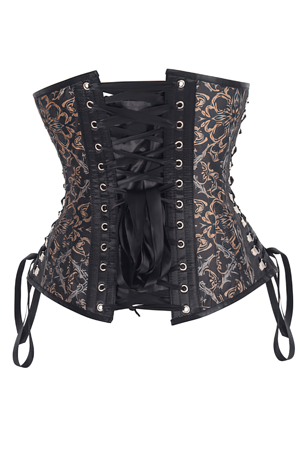 Maurice Gothic Scrollwork Corset with steel boning, criss-cross back lacing, and floral design for a perfect fit.