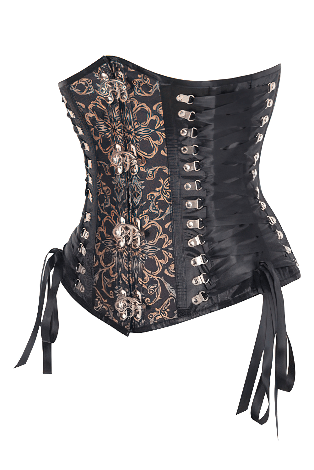 Maurice Gothic Scrollwork Tapestry Corset with steel boning and criss-cross lacing, showcasing intricate Thorned Aria design.