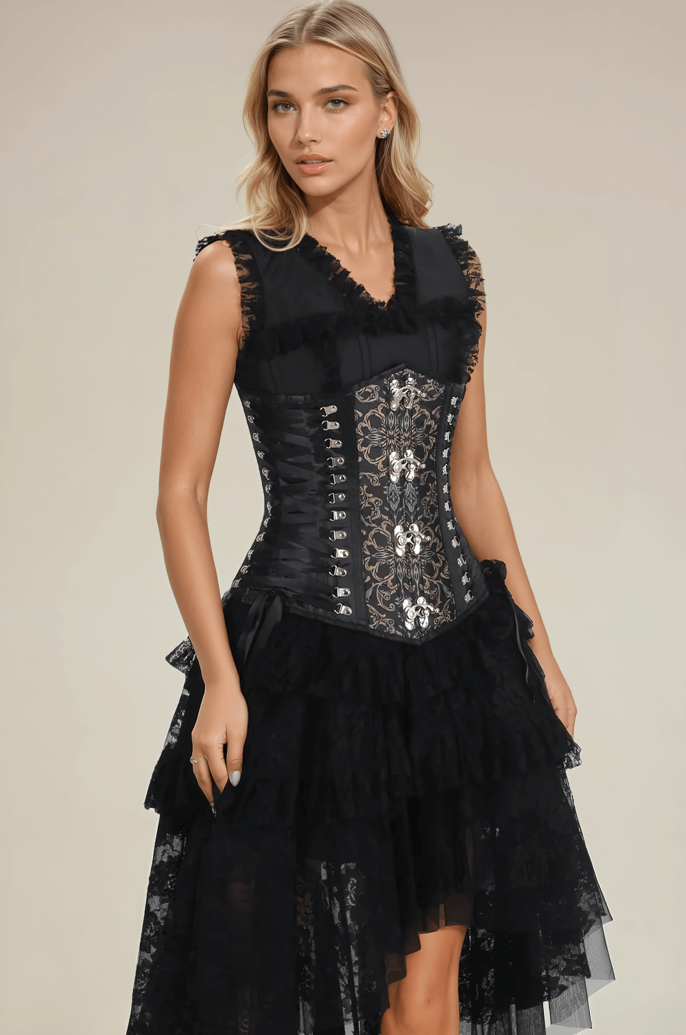 Model wearing a Maurice Gothic Scrollwork Tapestry Corset with steel boning and layered black lace skirt.