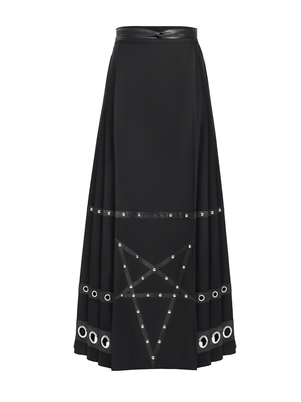 Stylish maxi skirt featuring pentagram straps and grommet details, perfect for a bold fashion statement.