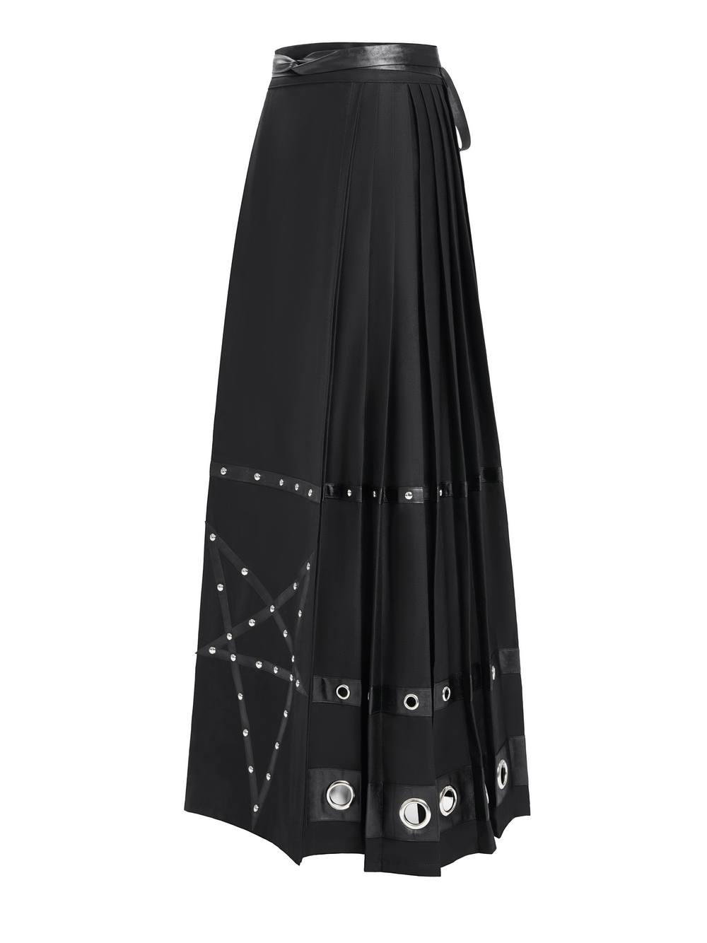 Stylish black maxi skirt featuring pentagram straps and grommet details for a unique fashion statement.