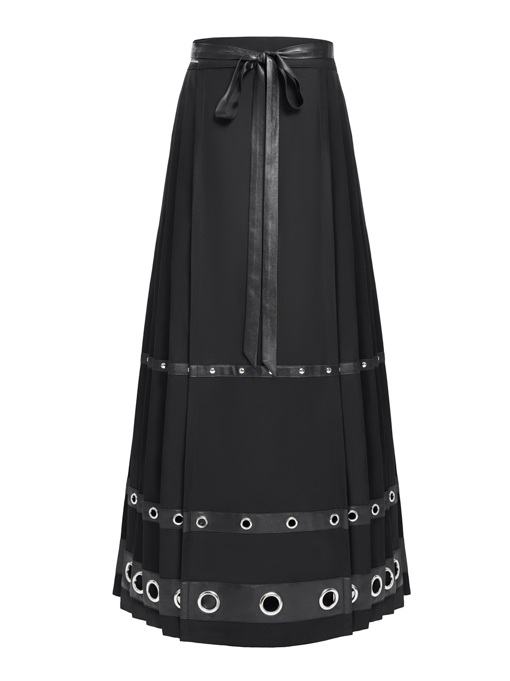 Long black maxi skirt featuring stylish pentagram straps and eye-catching grommet details for a trendy look.
