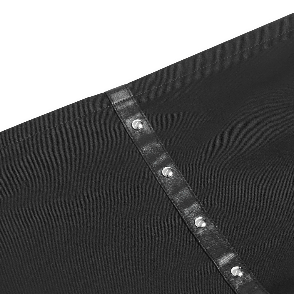 Close-up of grommet details on a stylish black maxi skirt with pentagram straps.