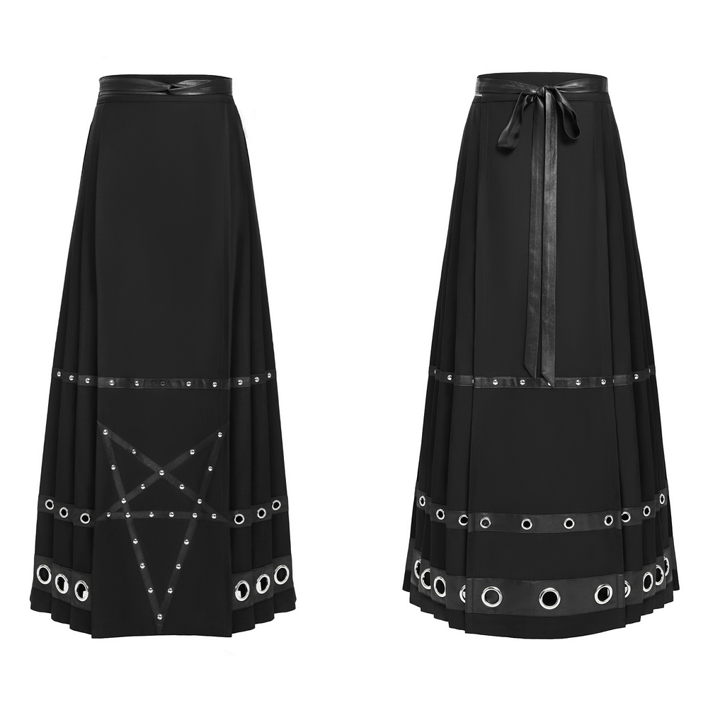 Stylish maxi skirt featuring pentagram straps and grommet details, perfect for a bold fashion statement.