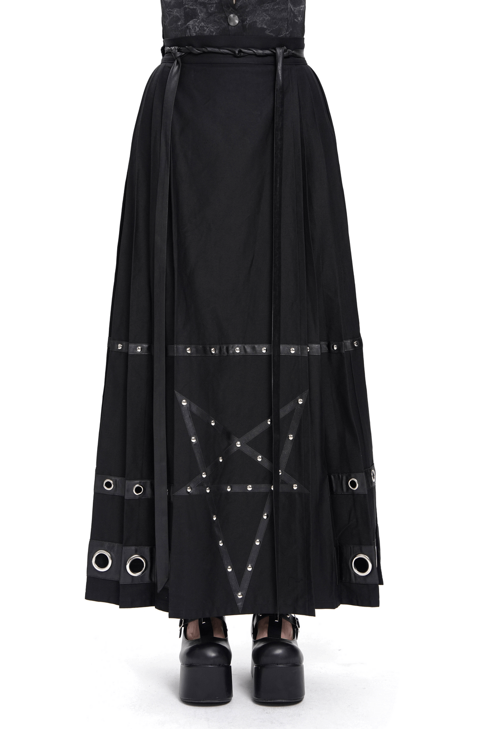 Stylish black maxi skirt with pentagram straps and grommet details, perfect for a bold, trendy look.