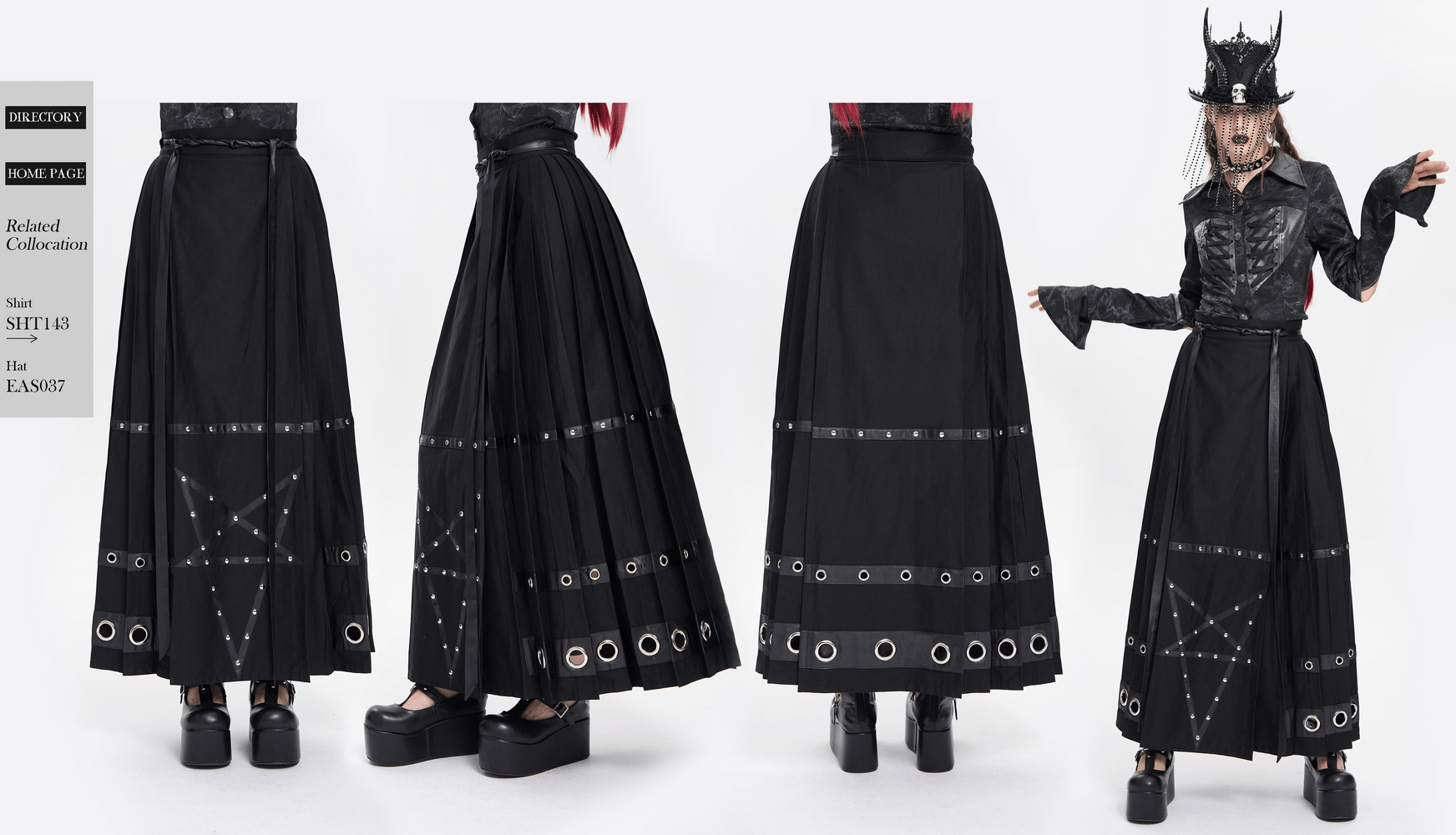 Maxi skirt with pentagram straps and grommet details, perfect for a gothic or edgy fashion statement.