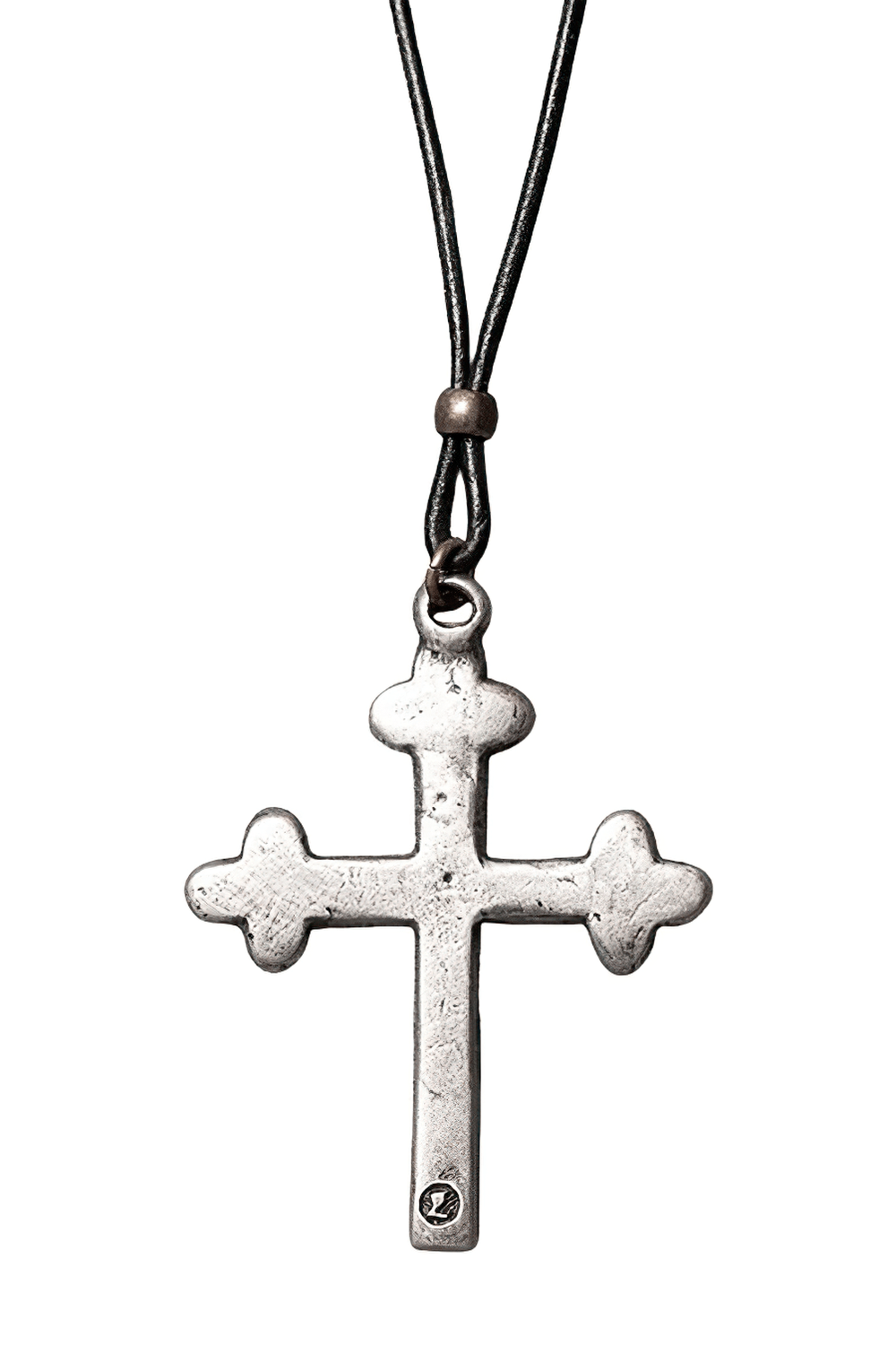 Medieval Dark Gothic Latin Cross Pewter Pendant on a leather cord, featuring rounded arm finials and silver color.