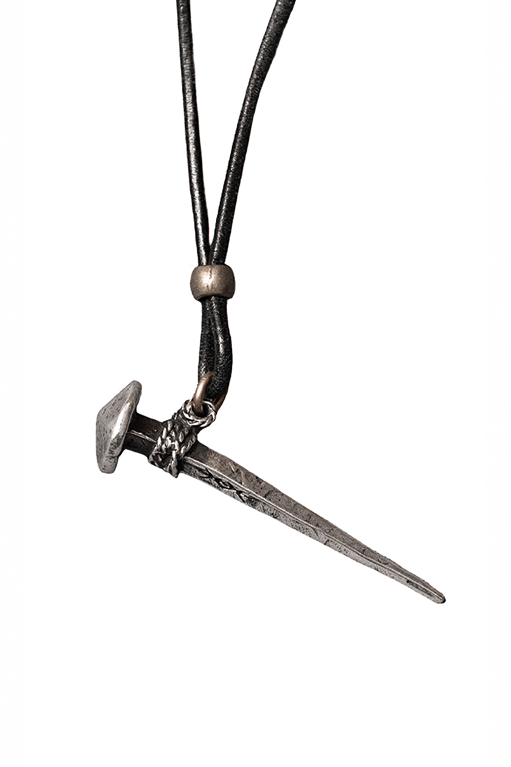 Medieval Nail Talisman Necklace with Norse Bind Rune in gray, featuring a forged rose-head nail and black cord.