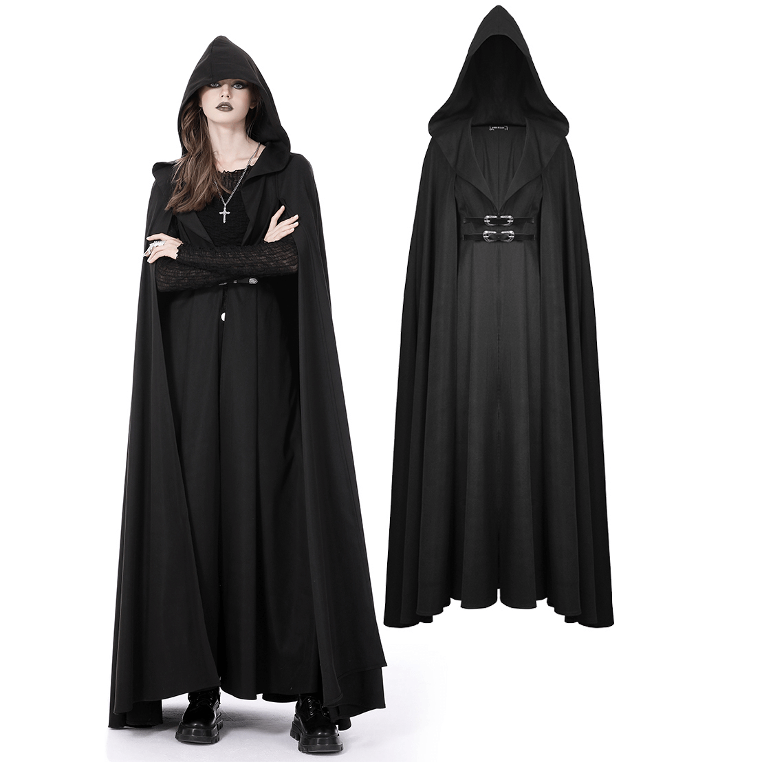 Medieval Renaissance hooded cloak worn by model, perfect for Halloween cosplay or everyday dark magic style.
