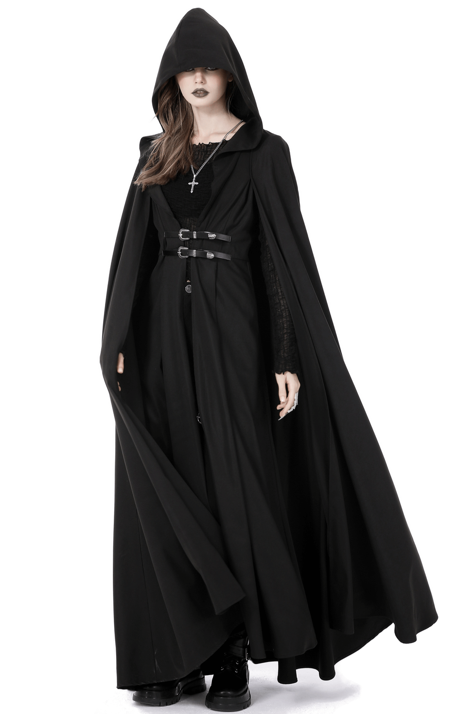 Medieval Renaissance hooded cloak on a model, perfect for Halloween cosplay and everyday wear.