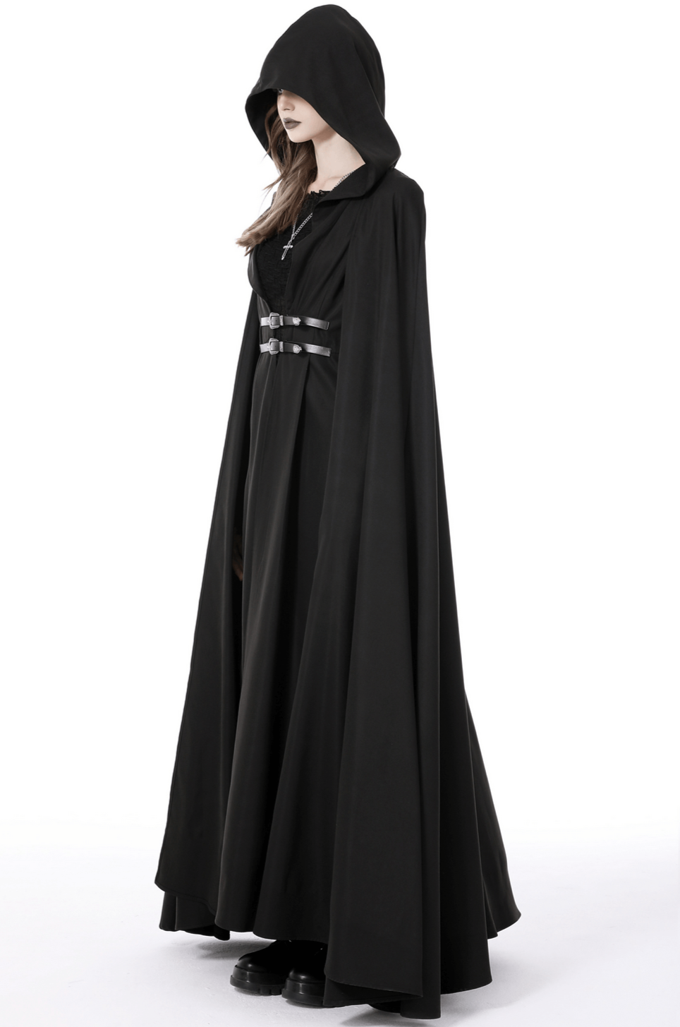 Elegant black hooded cape cloak for adults, perfect for Halloween cosplay or everyday wear.