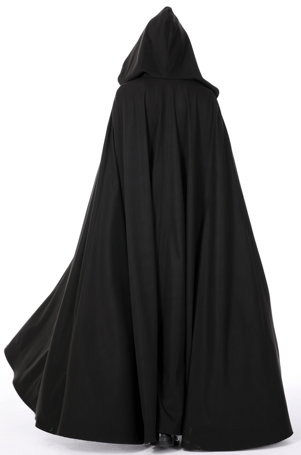 Back view of a long black hooded cape cloak, perfect for Halloween cosplay or everyday mysterious style.