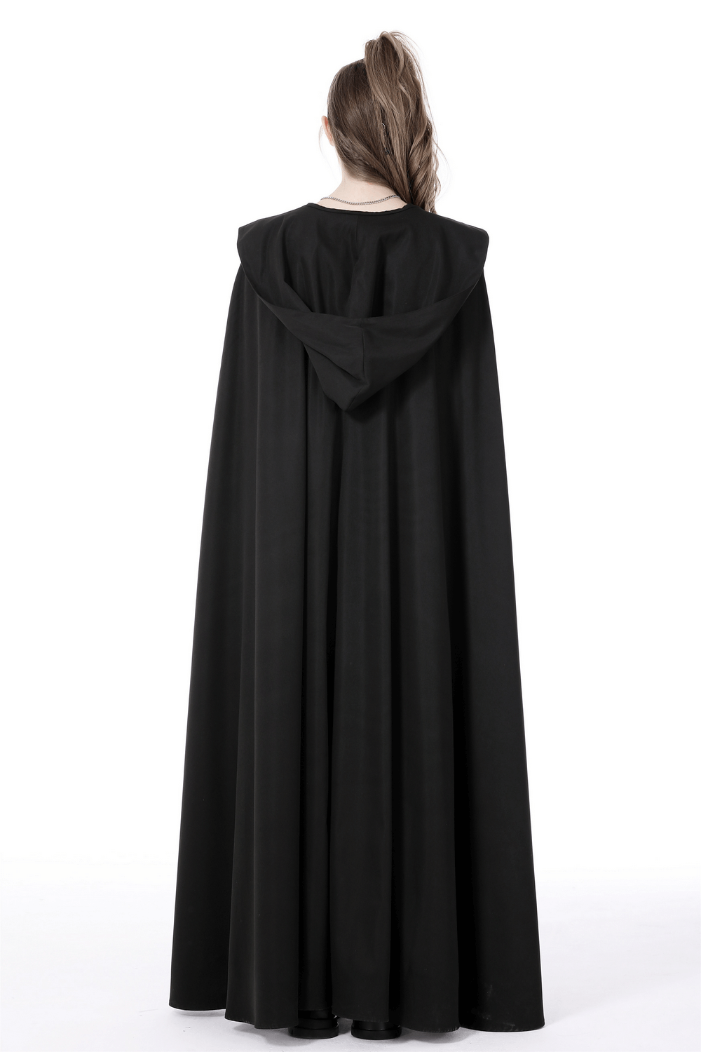 Elegant black hooded cape cloak, perfect for Halloween cosplay or adding mystery to everyday wear.