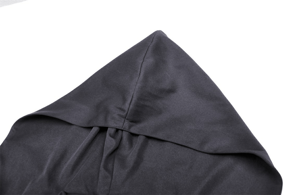 Close-up of the hooded design on a black medieval cloak, perfect for cosplay or Halloween.