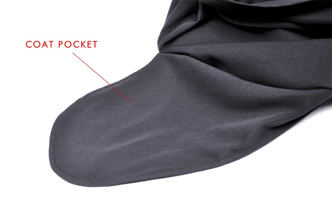 Close-up of the coat pocket on a black medieval hooded cloak, perfect for cosplay or Halloween costumes.