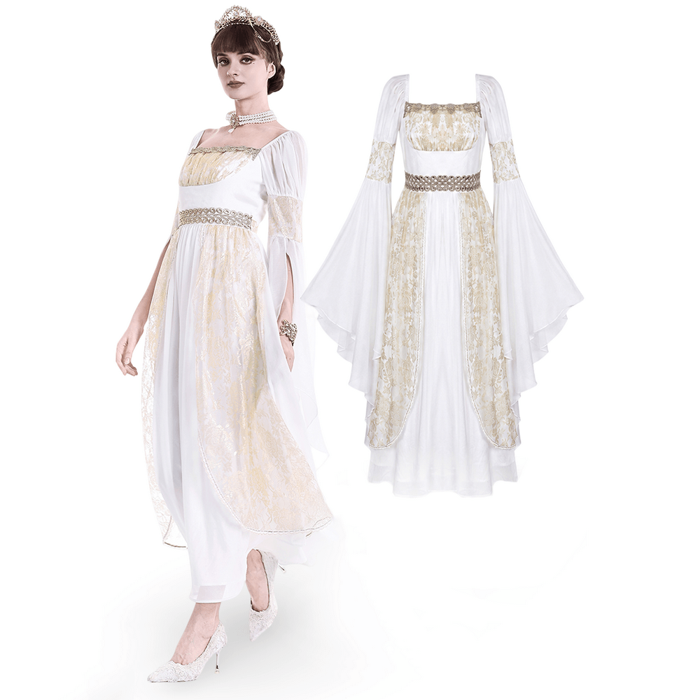 Mittelalterliches weißes Maxikleid mit Goldbesatz und Trompetenärmeln