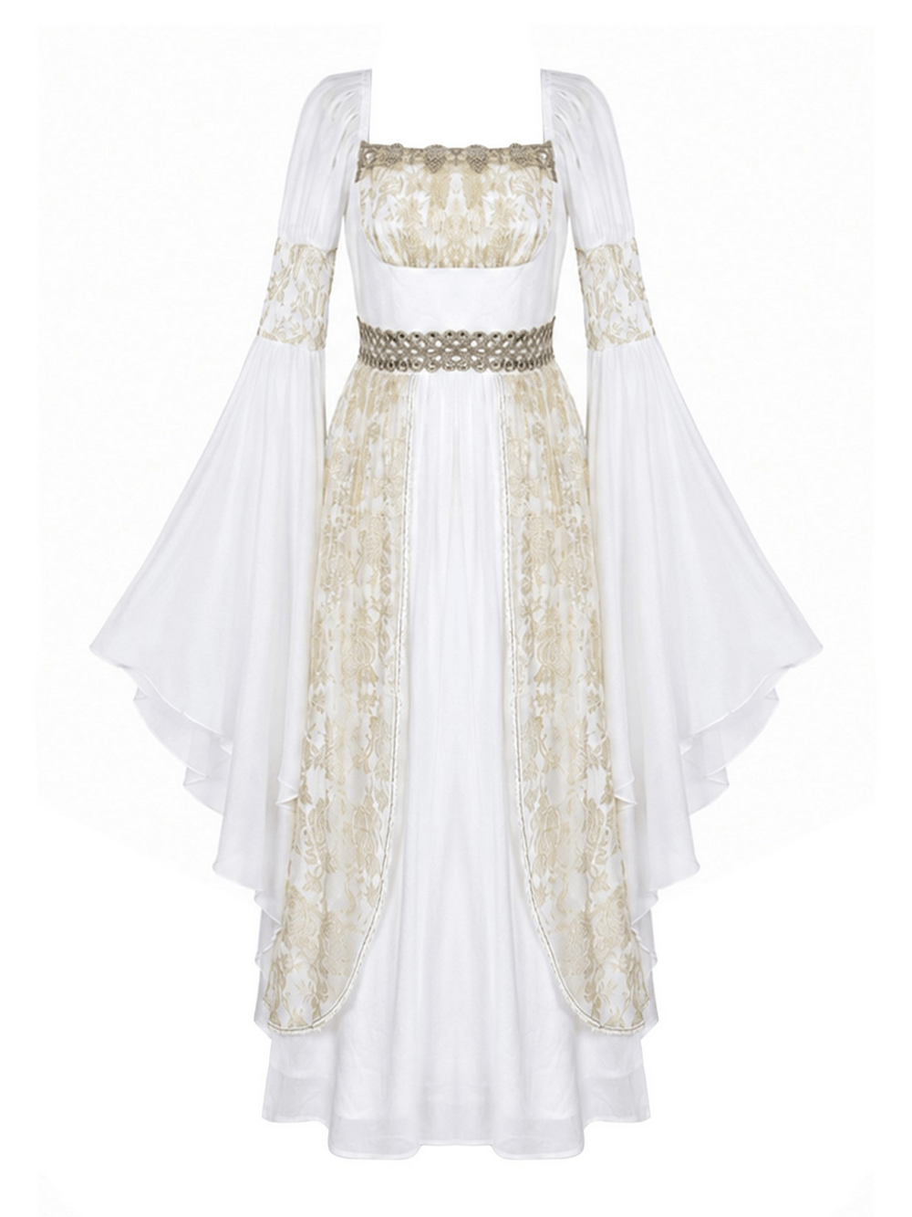 Mittelalterliches weißes Maxikleid mit Goldbesatz und Trompetenärmeln