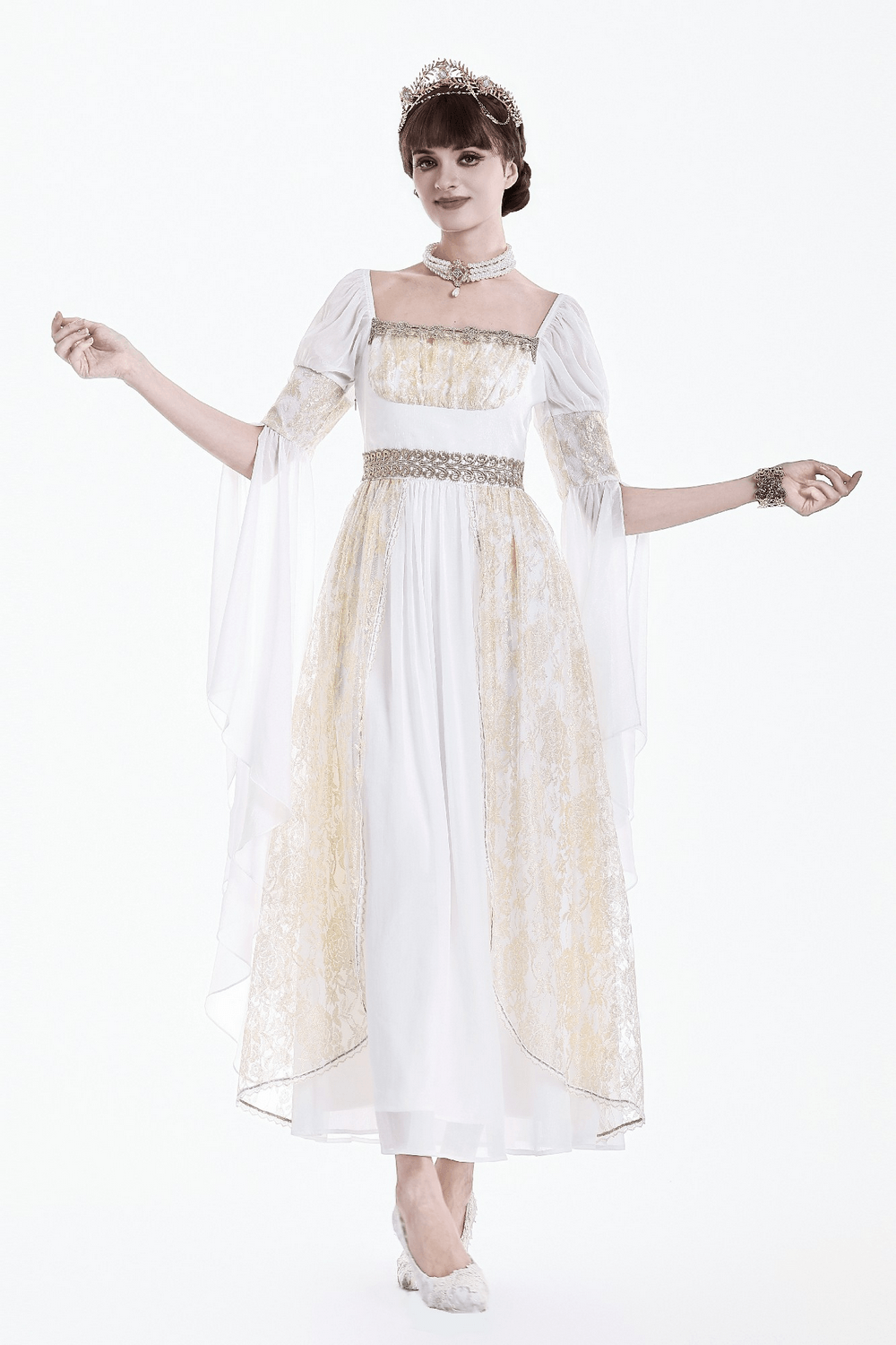 Mittelalterliches weißes Maxikleid mit Goldbesatz und Trompetenärmeln