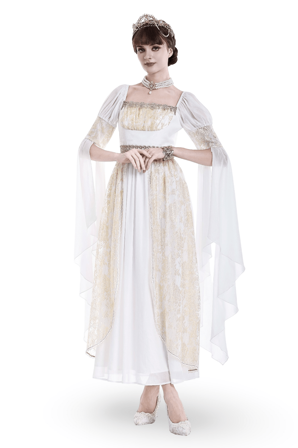 Mittelalterliches weißes Maxikleid mit Goldbesatz und Trompetenärmeln