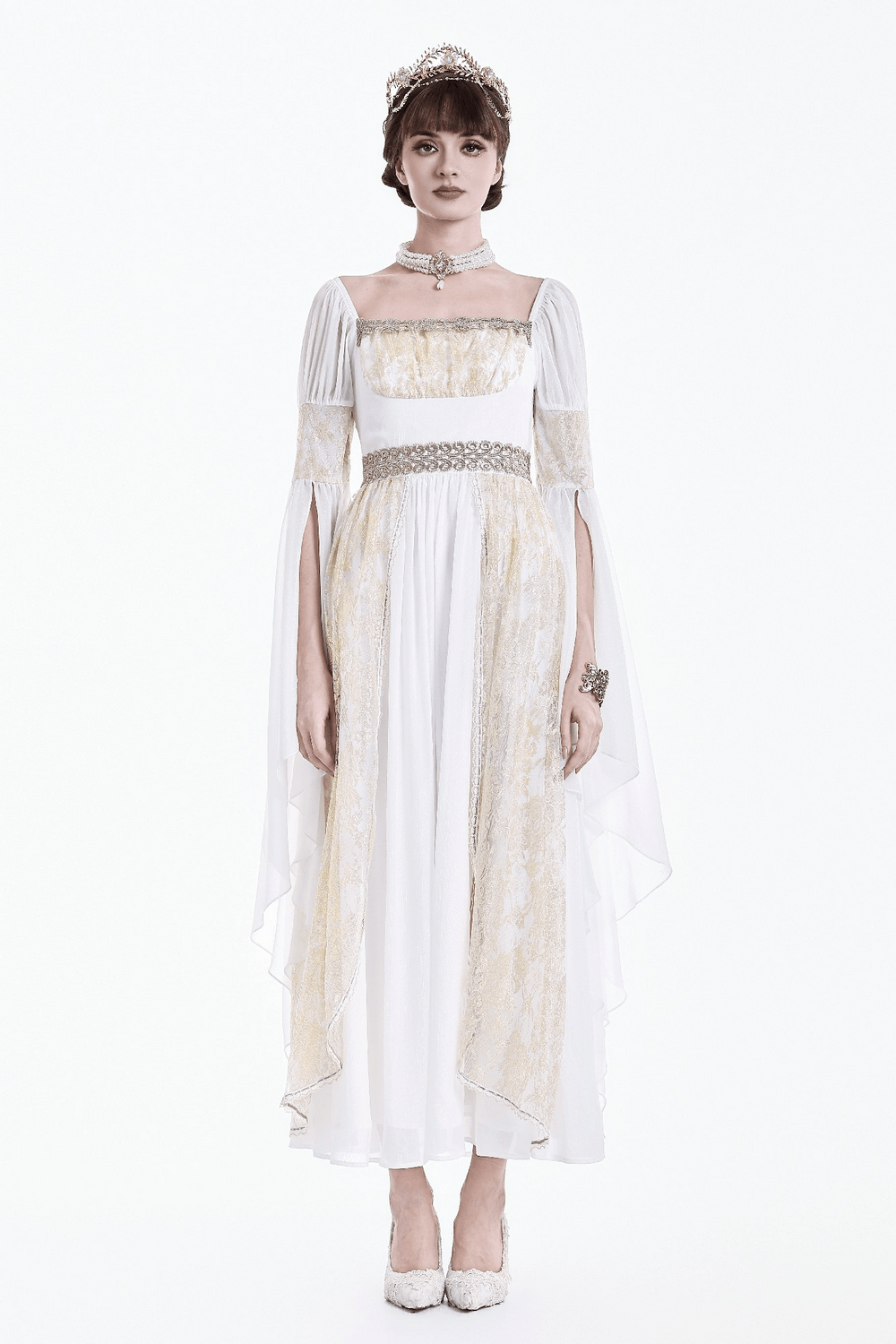 Mittelalterliches weißes Maxikleid mit Goldbesatz und Trompetenärmeln