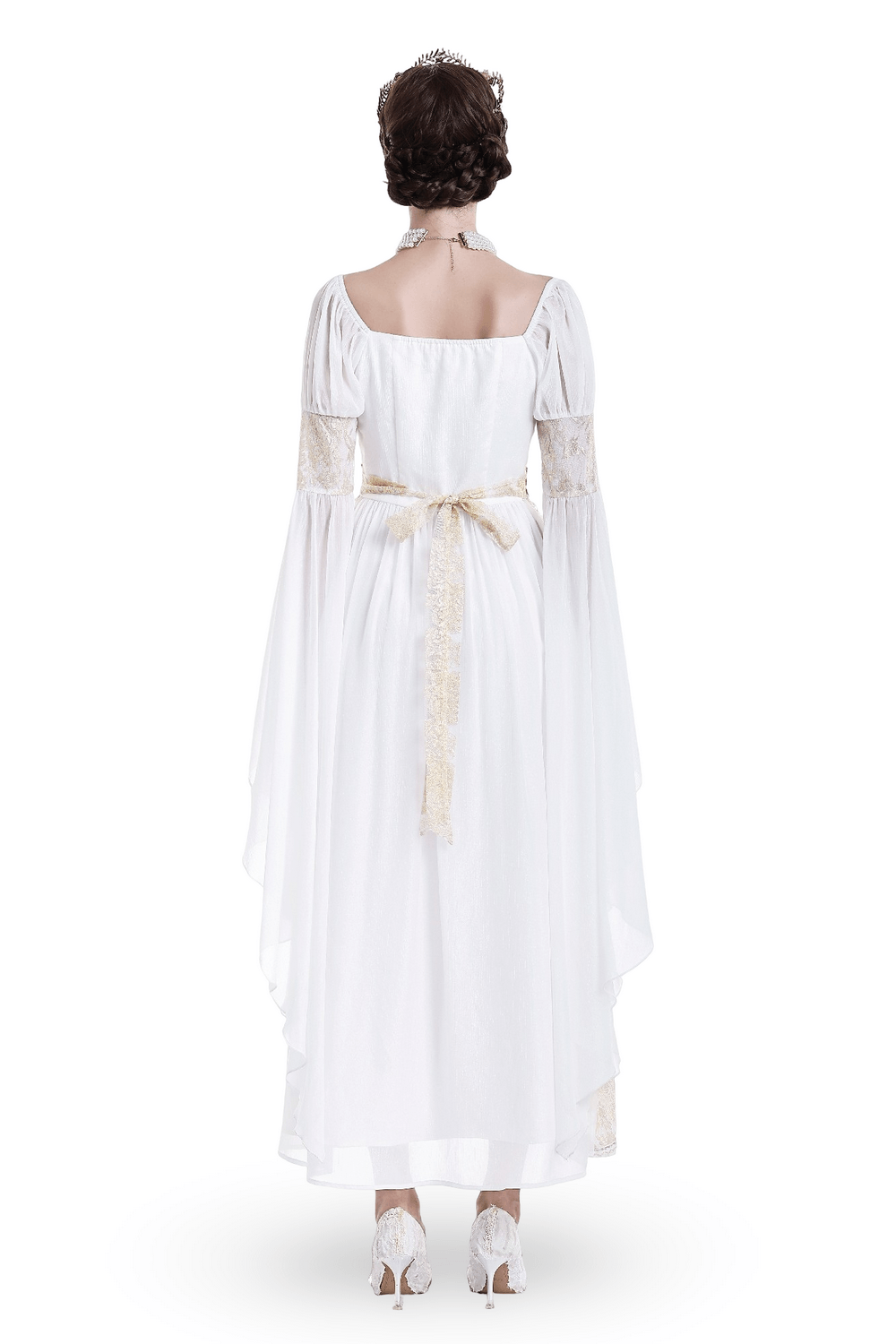 Mittelalterliches weißes Maxikleid mit Goldbesatz und Trompetenärmeln