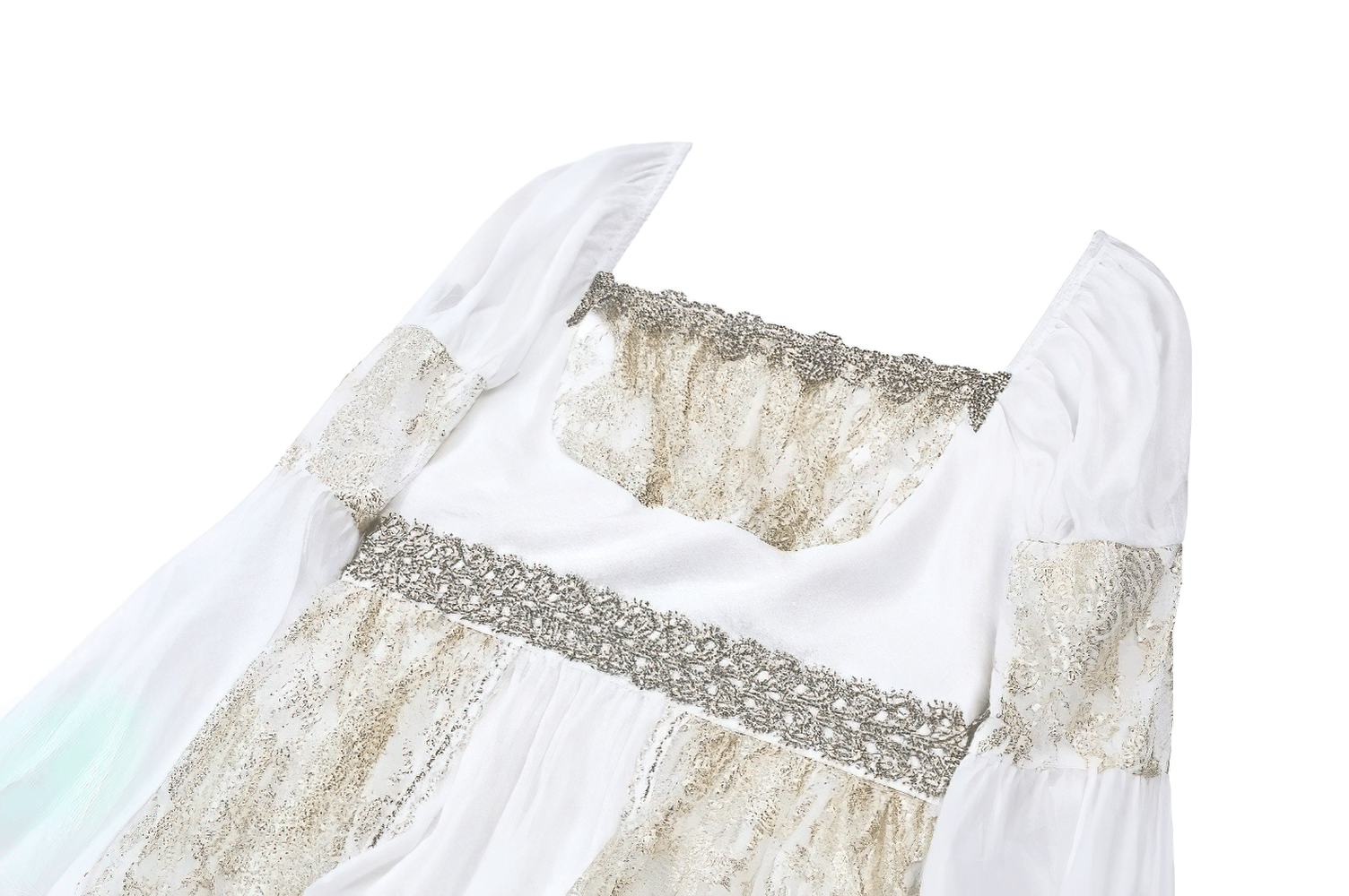 Mittelalterliches weißes Maxikleid mit Goldbesatz und Trompetenärmeln