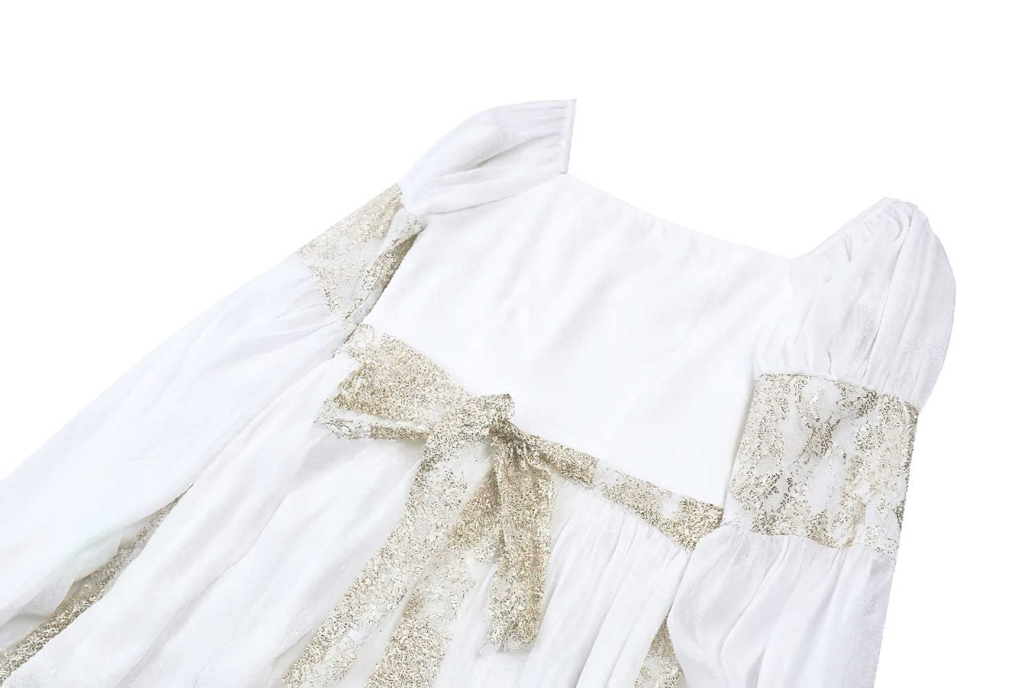 Mittelalterliches weißes Maxikleid mit Goldbesatz und Trompetenärmeln