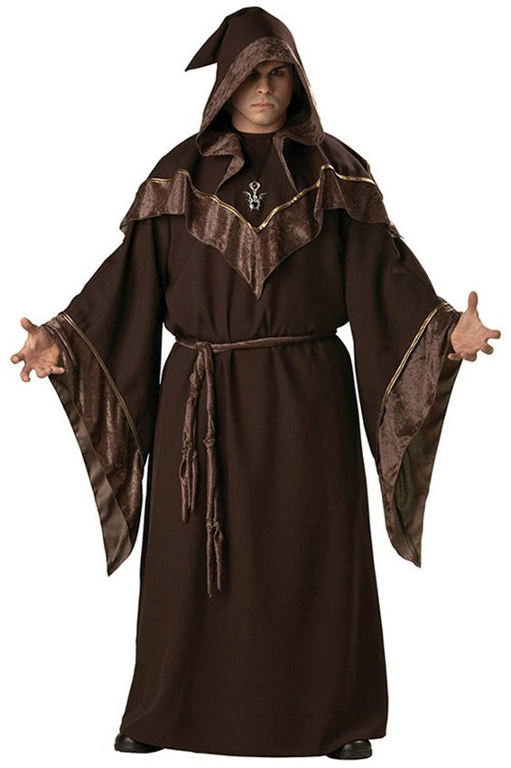 Man in brown Medieval Wizard costume with hood, perfect for Halloween or cosplay events.