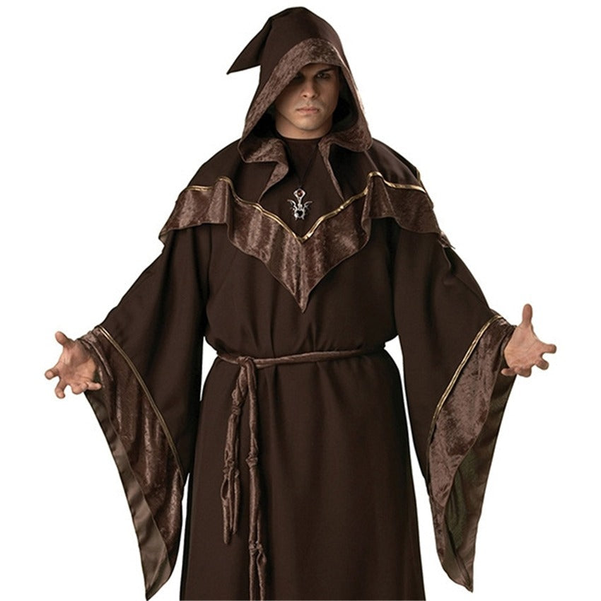 Medieval Wizard costume for men, perfect for Halloween or cosplay, featuring a dark robe and hooded design.