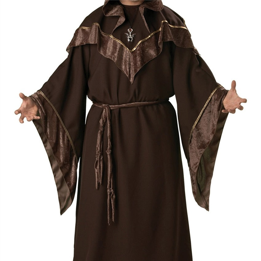 Medieval wizard costume for Halloween, featuring a brown robe with wide sleeves and stylish detailing.