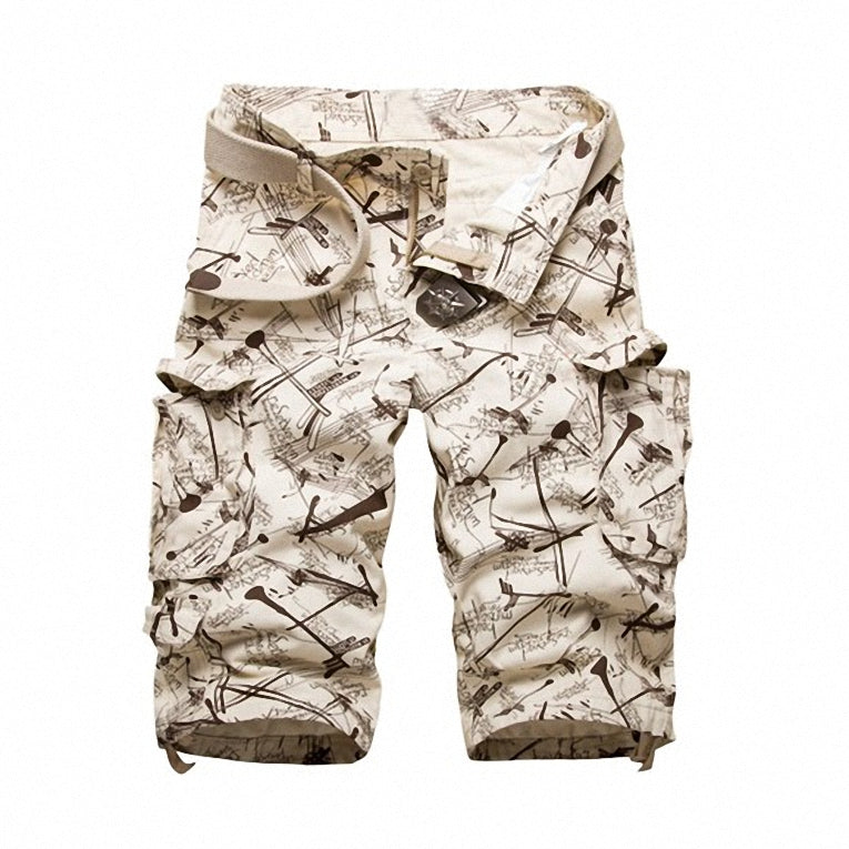 Men's cargo cotton shorts with camouflage print and side pockets for tactical outdoor casual style.