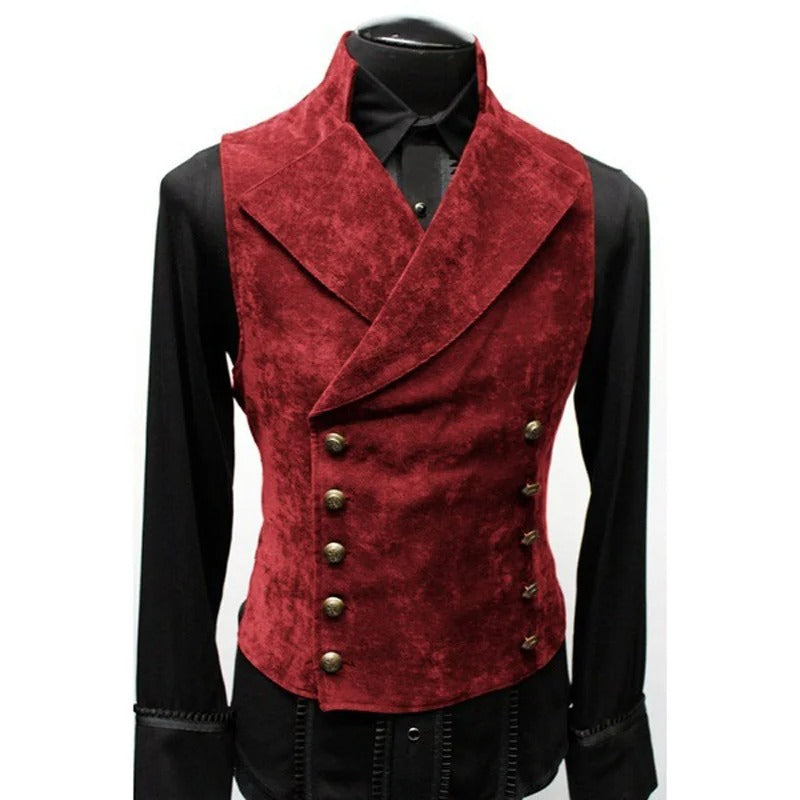 Elegant men's red suede suit vest with double-breasted buttons, perfect for formal occasions and stylish outfits.