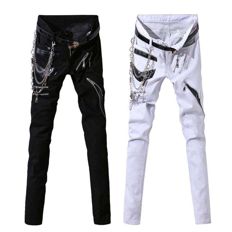 Men Rock Jeans With Chain Patchwork / Punk Gothic Stage Performance / Aesthetic Clothing - HARD'N'HEAVY