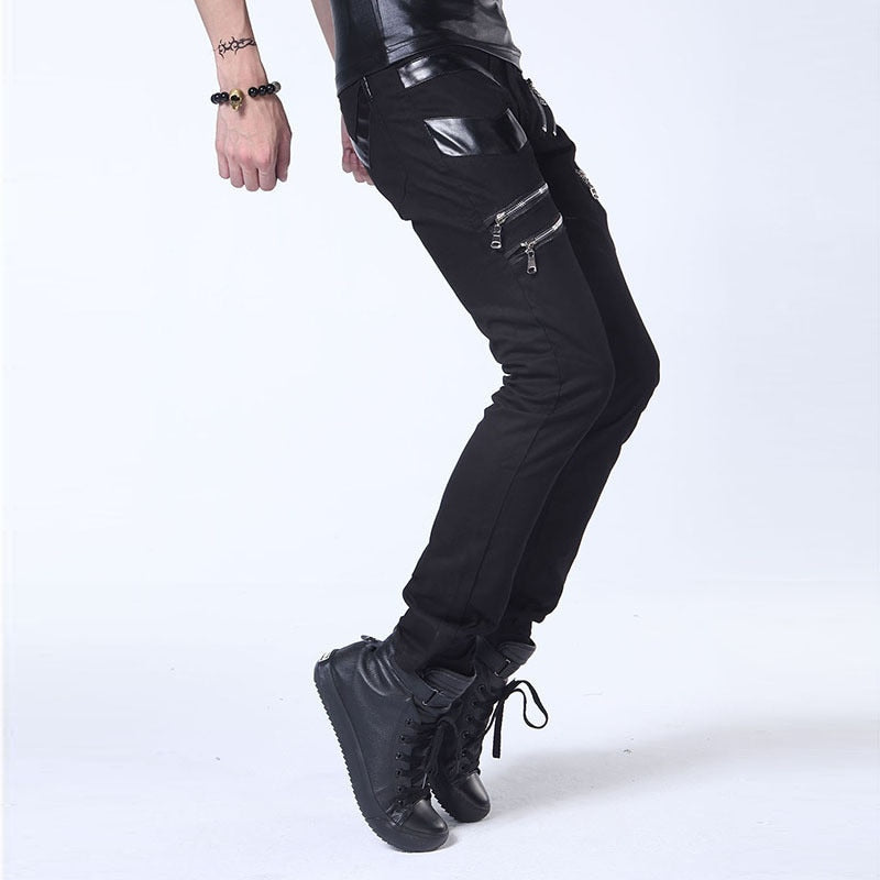 Men Rock Jeans With Chain Patchwork / Punk Gothic Stage Performance / Aesthetic Clothing - HARD'N'HEAVY