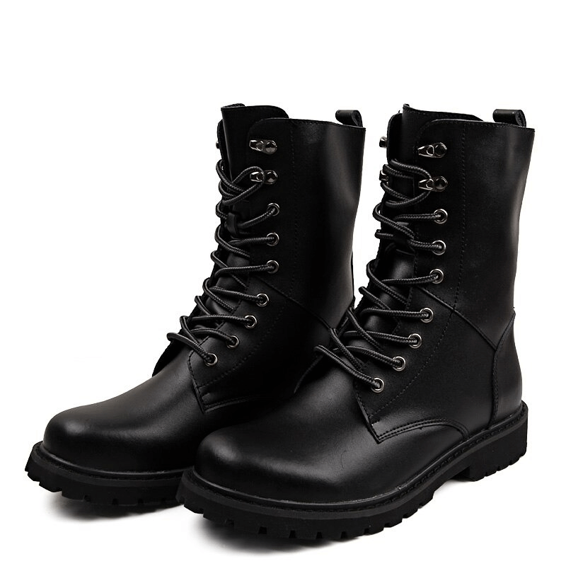 Men's black combat boots, lace-up mid-calf design, tactical leather footwear for casual style.