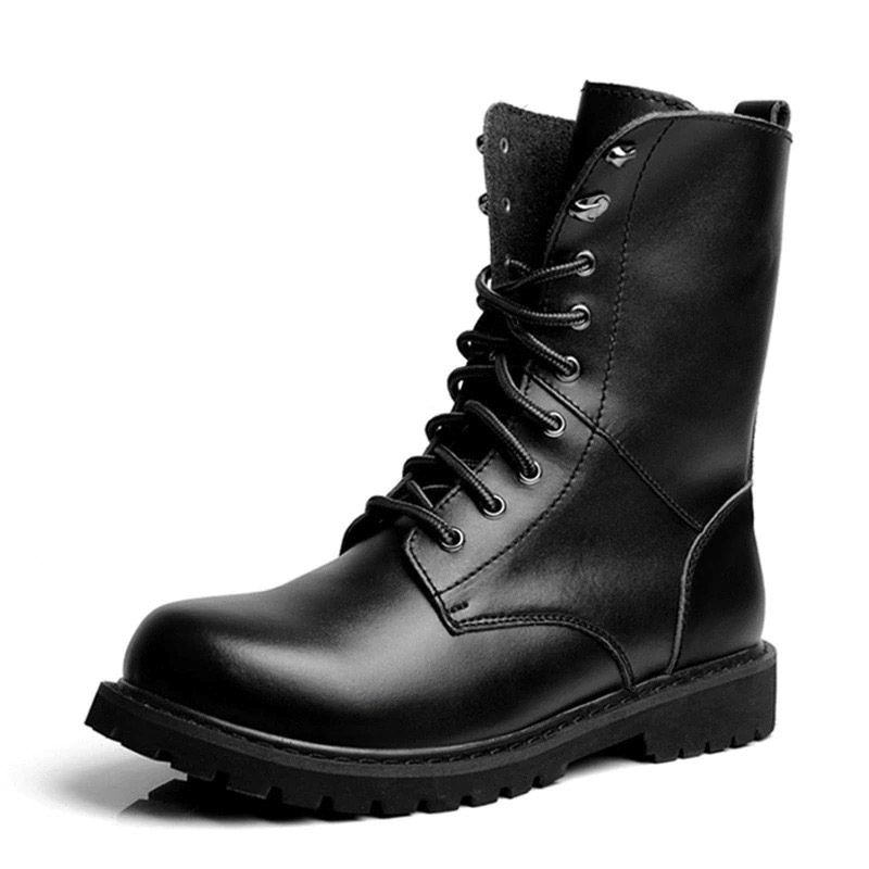 Men's black combat boots featuring a lace-up design, mid-calf height, and durable leather material for tactical footwear.