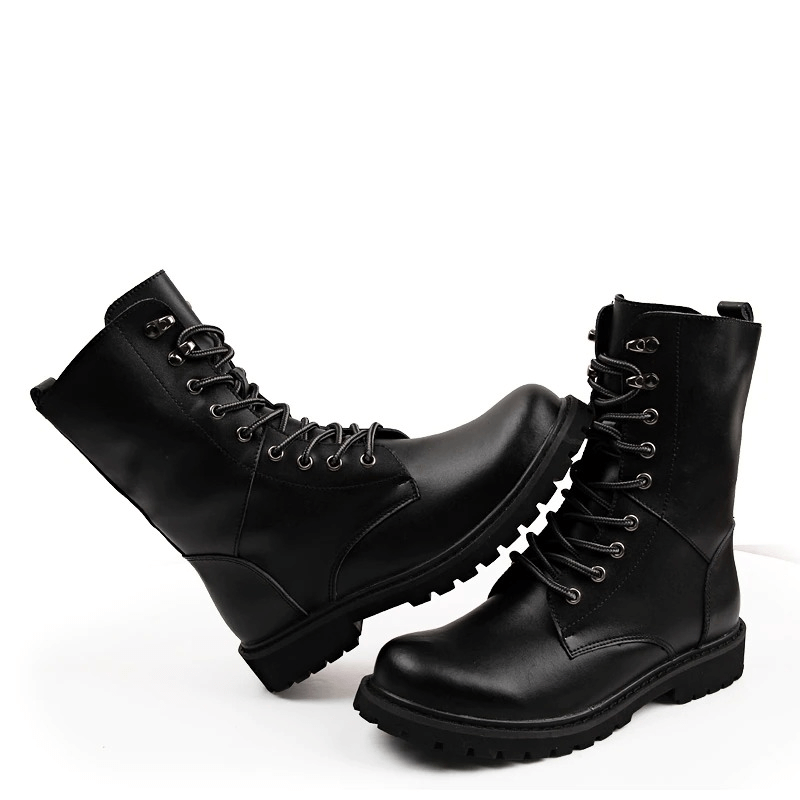 Men's black combat boots showcasing lace-up design and sturdy sole, perfect for casual and tactical wear.