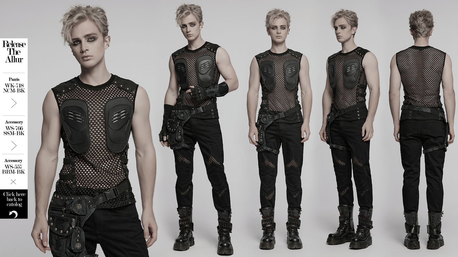 Men's Cyber Punk Mesh Top with faux leather, studs, and patches showcasing a rugged edgy style.