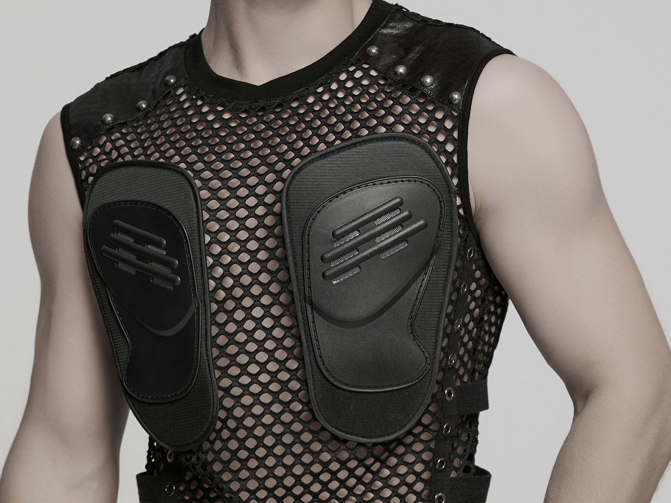 Men's sleeveless cyberpunk mesh top with faux leather patches and studs for a bold festival look.