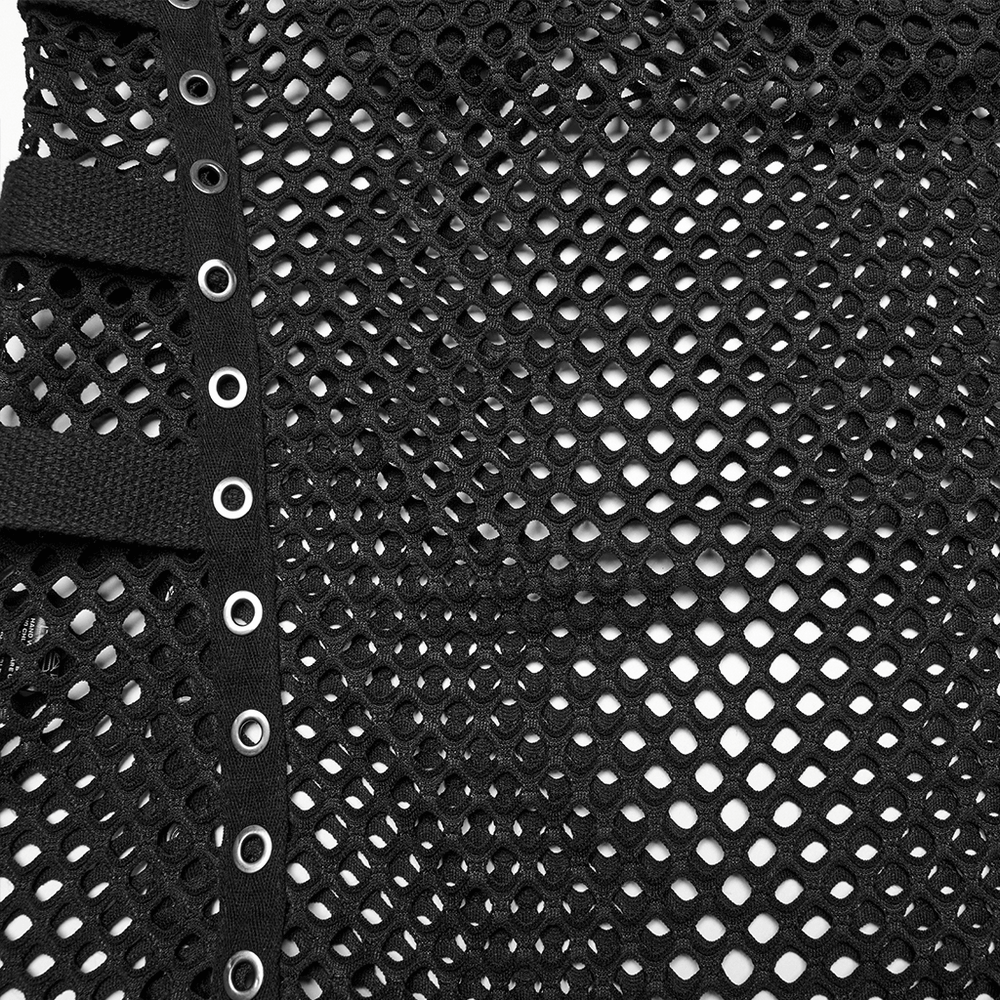 Close-up of black fishnet mesh fabric with eyelets and straps for a cyber punk style top.