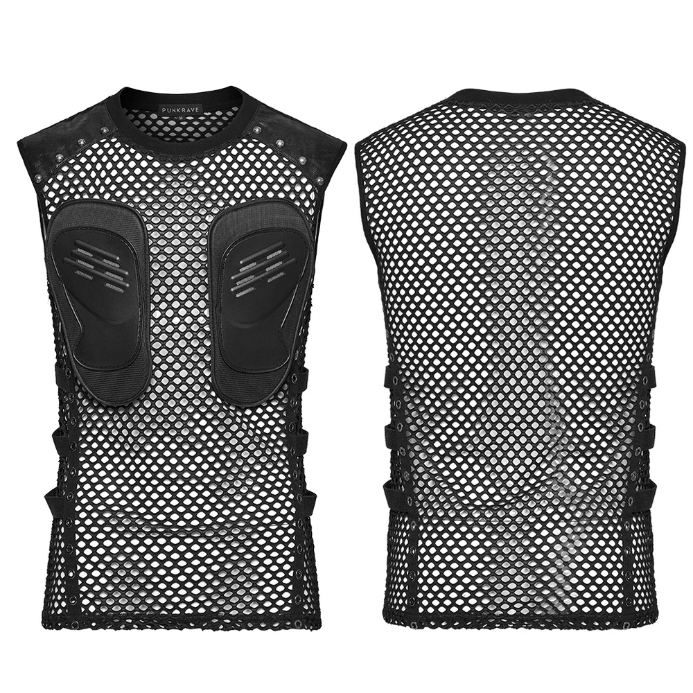 Men's Cyber Punk Mesh Top with faux leather patches and studs, featuring a fishnet design and sleeveless style.