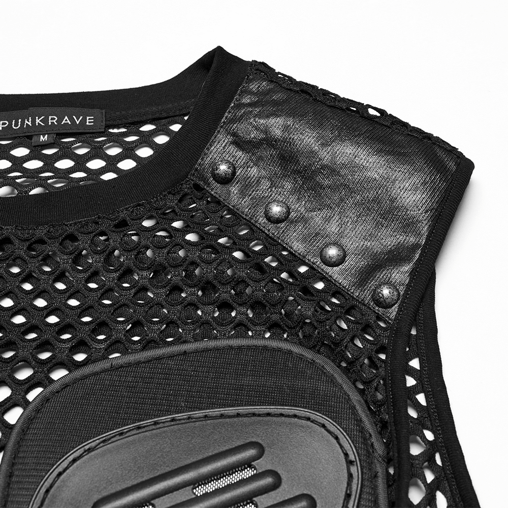 Men's cyberpunk mesh top featuring faux leather, studs, and unique patchwork design for edgy style.