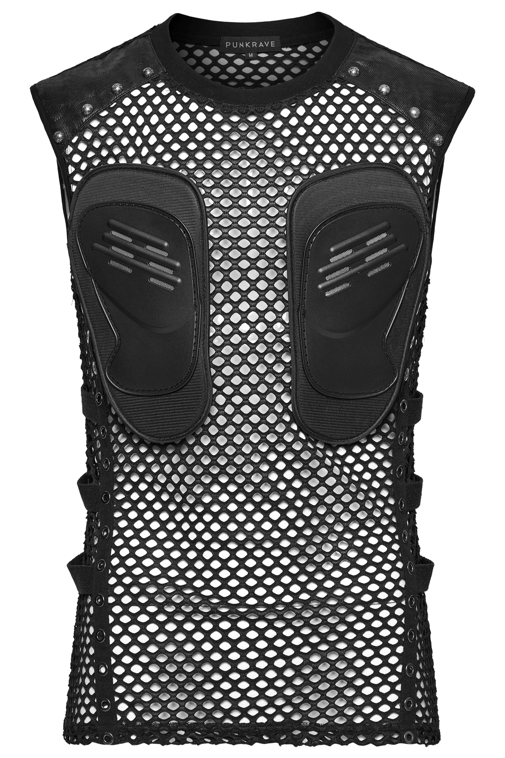 Men’s Cyber Punk Mesh Top featuring faux leather patches and studs, perfect for edgy festival wear.