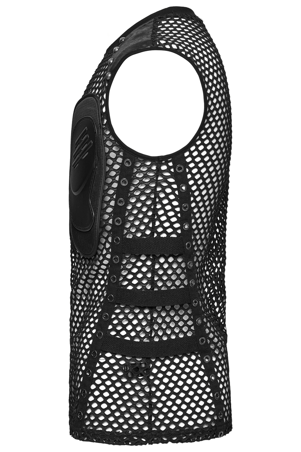 Men's cyberpunk mesh vest with faux leather patches and studs, perfect for edgy outfits and festivals.
