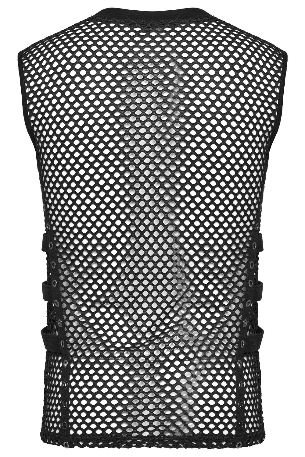 Men's sleeveless cyber punk mesh top showcasing edgy fishnet design with eyelets and strap details.