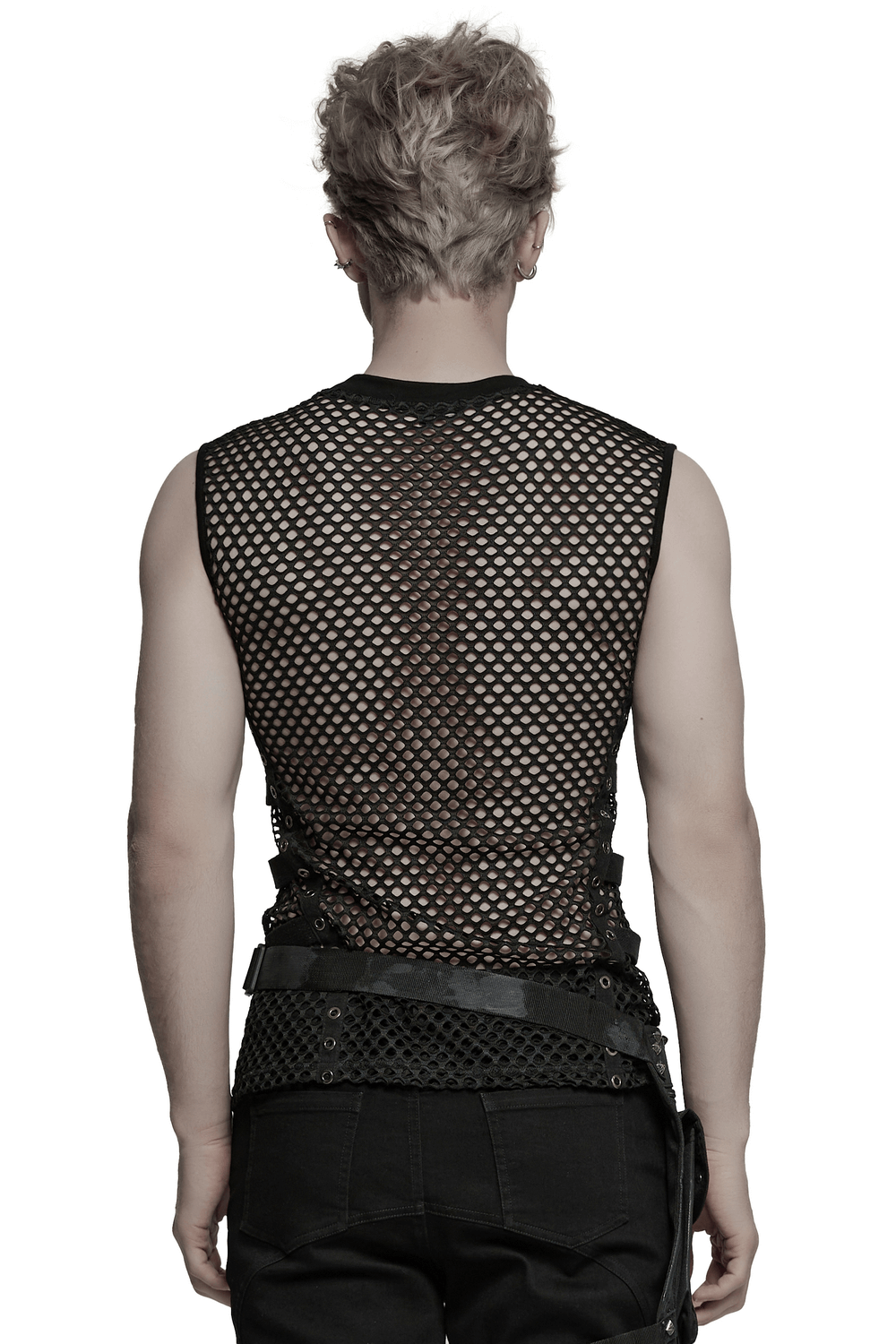 Back view of Men's Cyber Punk Mesh Top showcasing sleek fishnet and faux leather details for edgy style.