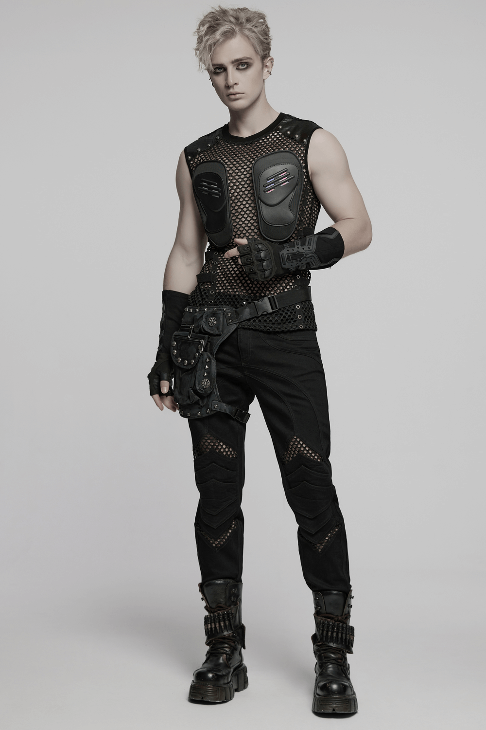 Edgy men's Cyber Punk mesh top with faux leather and studs, perfect for festivals and bold fashion statements.